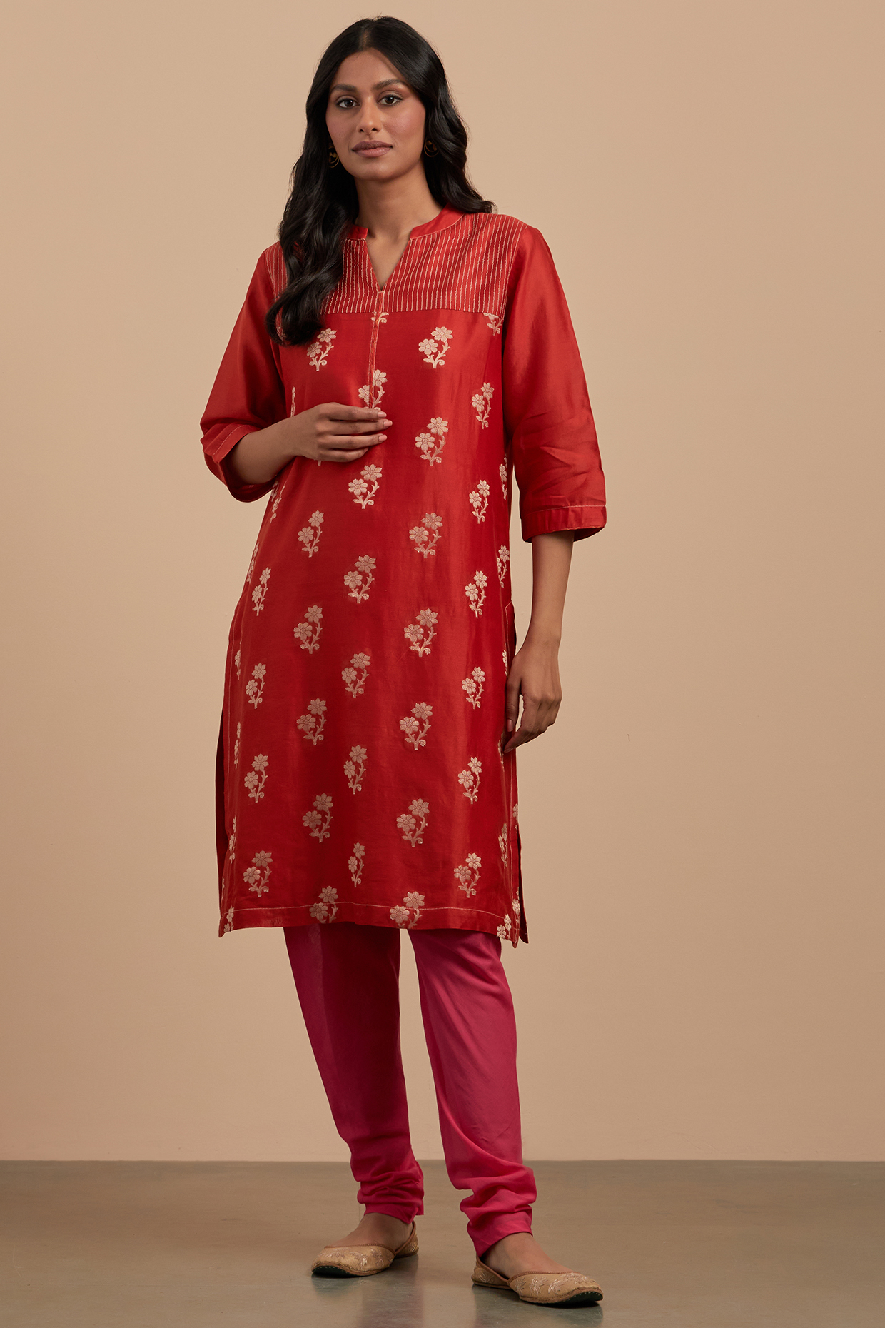 Vermillion Chanderi Jacquard Handwoven Kurta Set by Smriti Gupta