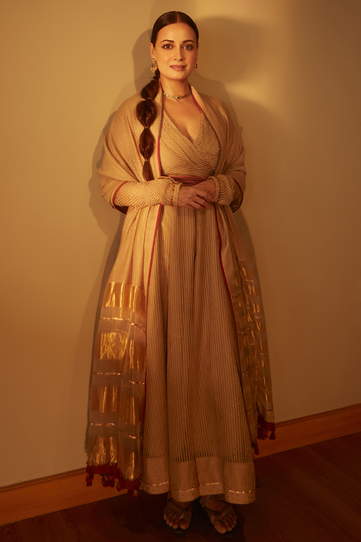 Beige Woven Striped Silk Organza Block Printed Wedding Anarkali Set by Swatti Kapoor at Pernia's Pop Up Shop
