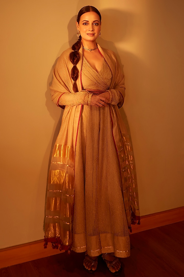 Beige Woven Striped Silk Organza Block Printed Anarkali Set by Swatti Kapoor