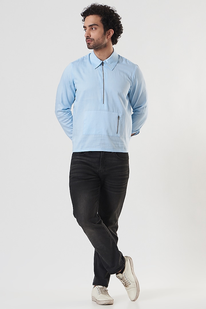 Sky Blue Cotton Hoodie Shirt by Shaberry Men