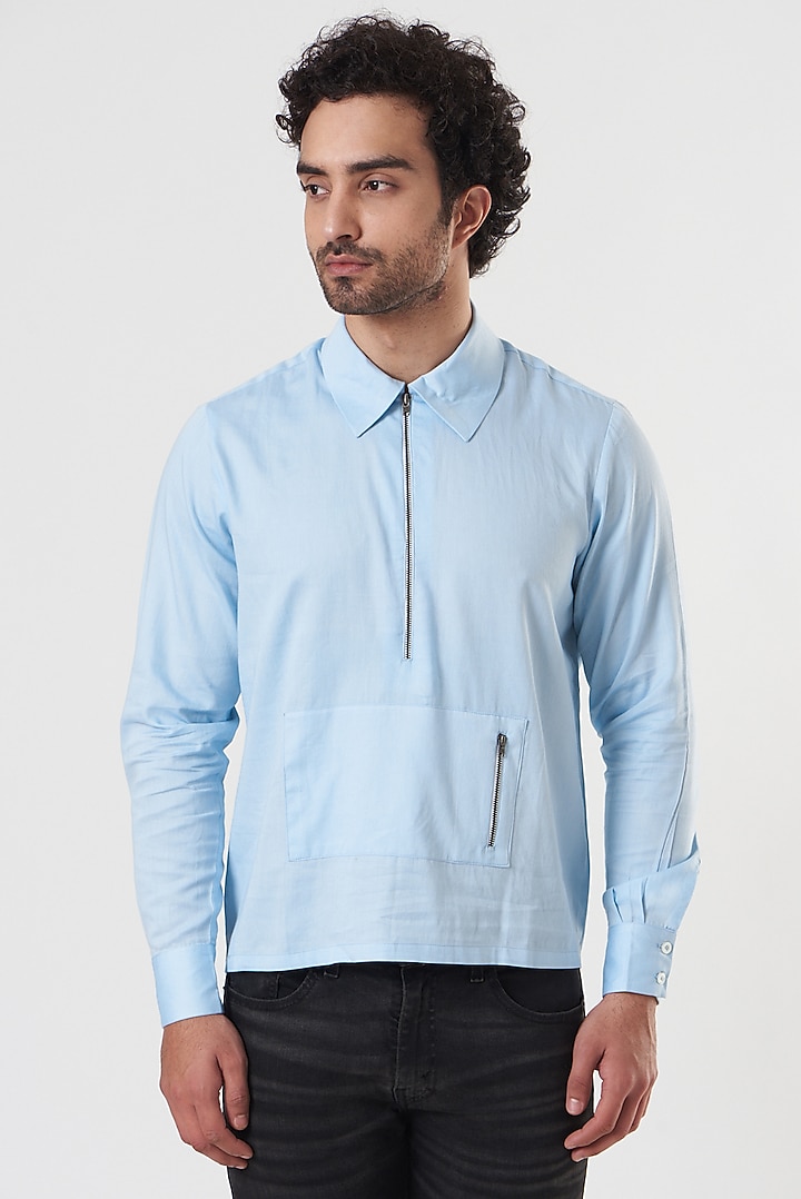 Sky Blue Cotton Hoodie Summer Shirt by Shaberry Men at Pernia's Pop Up Shop