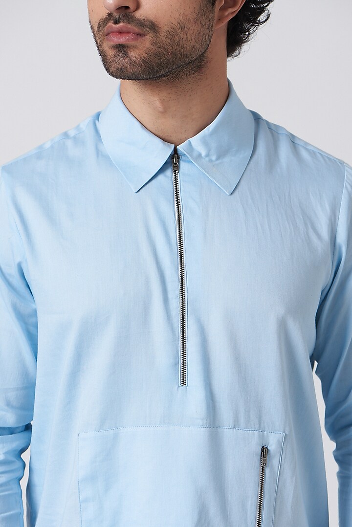Sky Blue Cotton Hoodie Summer Shirt by Shaberry Men at Pernia's Pop Up Shop