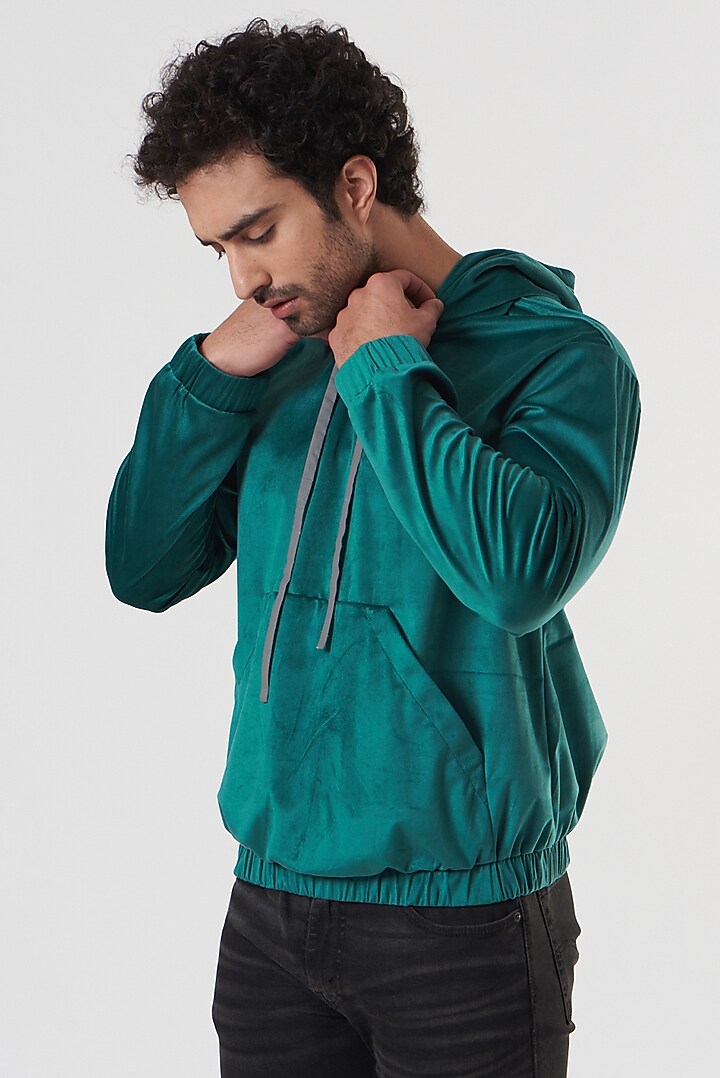 Turquoise Velvet Hoodie by Shaberry Men at Pernia's Pop Up Shop