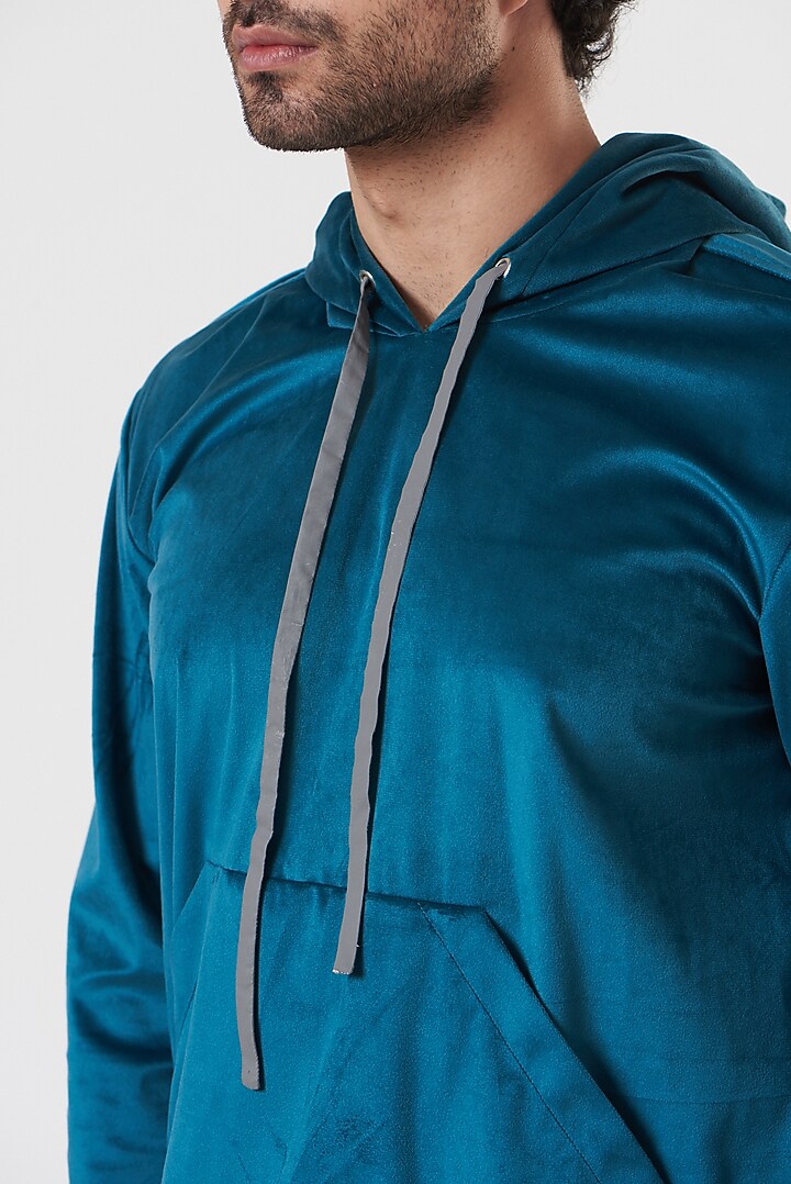 Turquoise Velvet Hoodie by Shaberry Men at Pernia's Pop Up Shop