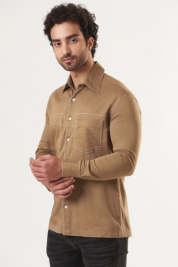 Bronze Cotton Satin Summer Shirt by Shaberry Men at Pernia's Pop Up Shop