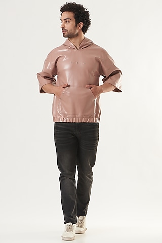 Mauve Faux Leather Hoodie by Shaberry Men