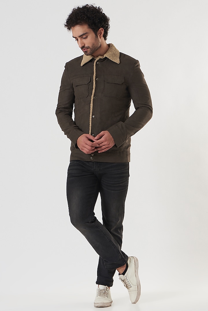 Forest Brown Suede & Fur Jacket by Shaberry Men