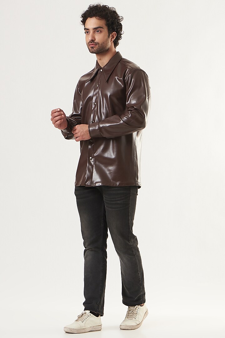 Chocolate Brown Faux Leather Shirt by Shaberry Men