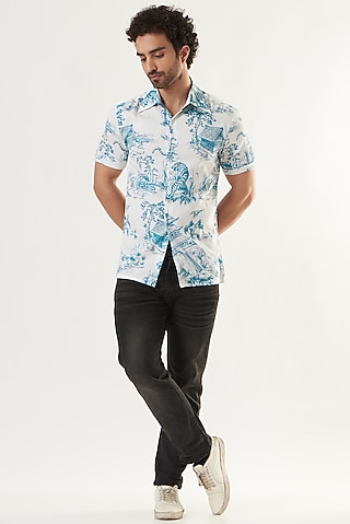 Blue Cotton Satin Printed Shirt by Shaberry Men