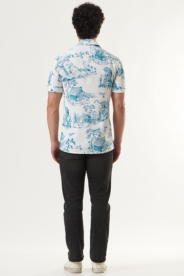 Blue Cotton Satin Printed Party Wear Shirt by Shaberry Men at Pernia's Pop Up Shop