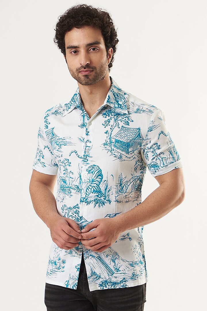 Blue Cotton Satin Printed Party Wear Shirt by Shaberry Men at Pernia's Pop Up Shop