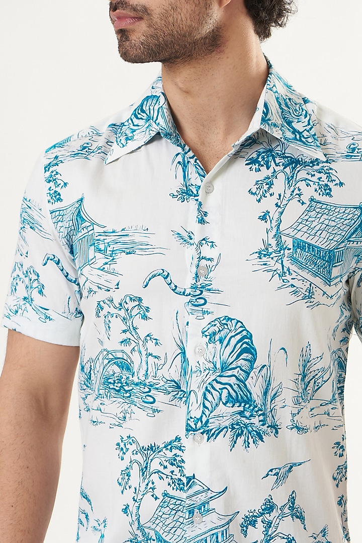 Blue Cotton Satin Printed Party Wear Shirt by Shaberry Men at Pernia's Pop Up Shop