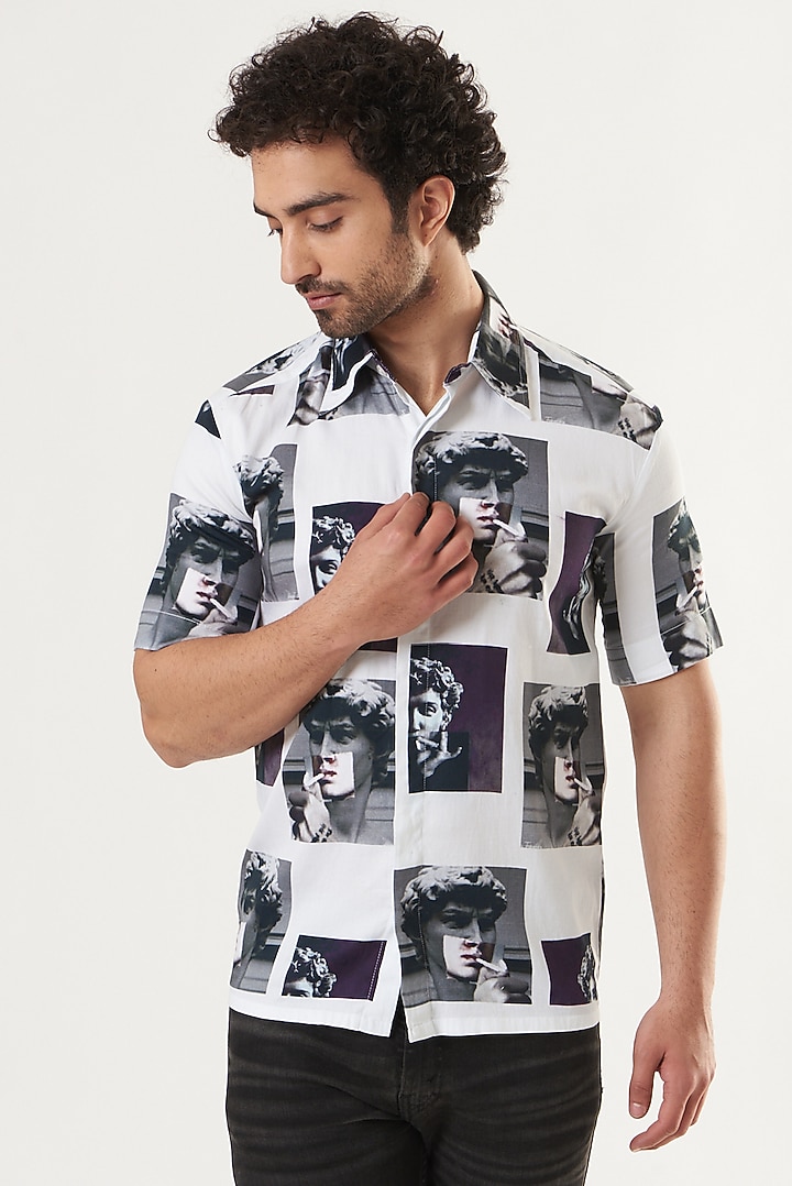 White Smoke Printed Party Wear Shirt by Shaberry Men at Pernia's Pop Up Shop