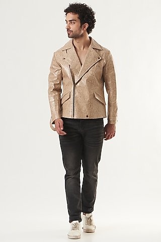 Beige Faux Leather Jacket by Shaberry Men