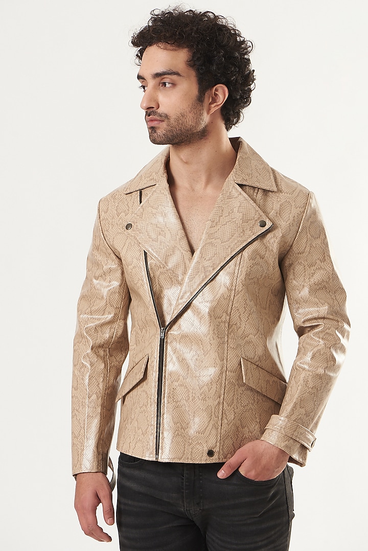 Beige Faux Leather Jacket by Shaberry Men at Pernia's Pop Up Shop
