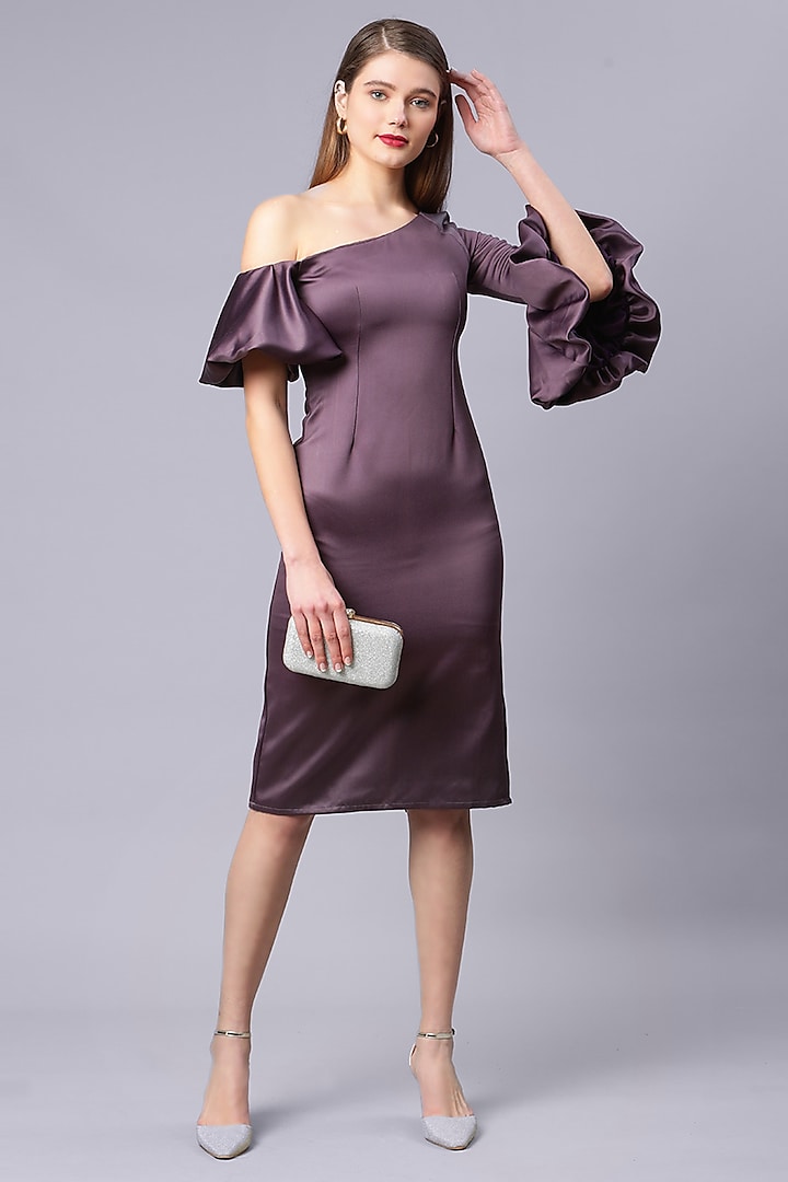 Royal Purple Poly Satin Bodycon One-Shoulder Dress by Shaberry
