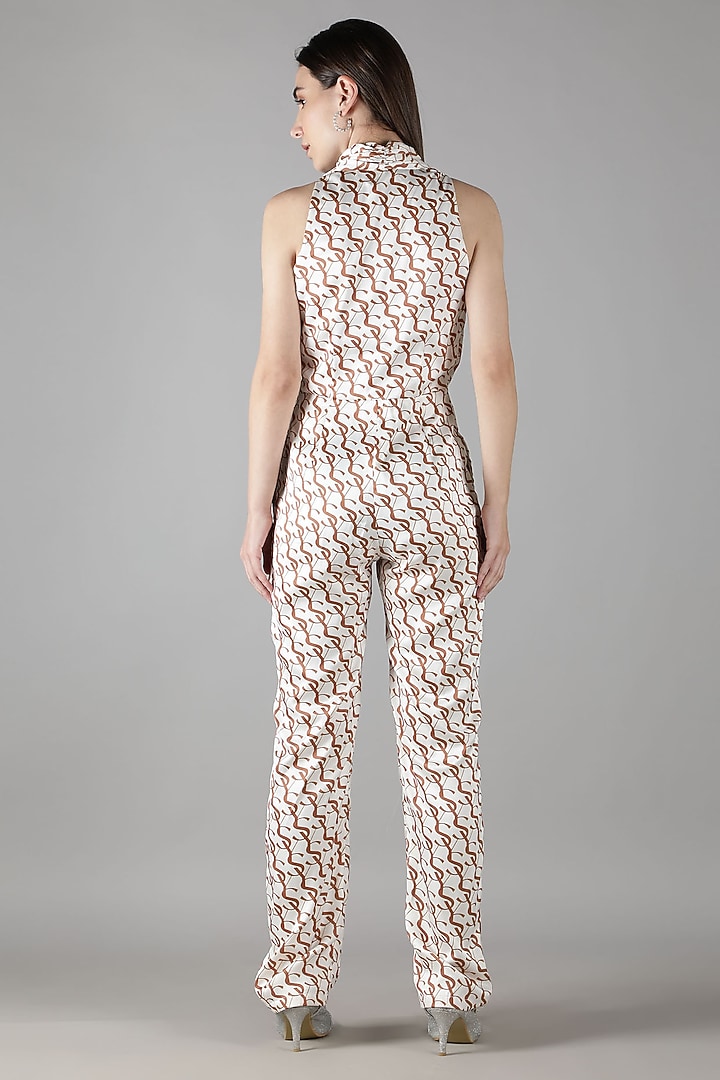 Off-White Satin Printed Jumpsuit by Shaberry at Pernia's Pop Up Shop