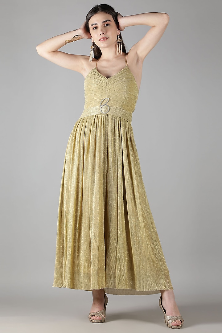 Golden Satin Pleated Dress by Shaberry