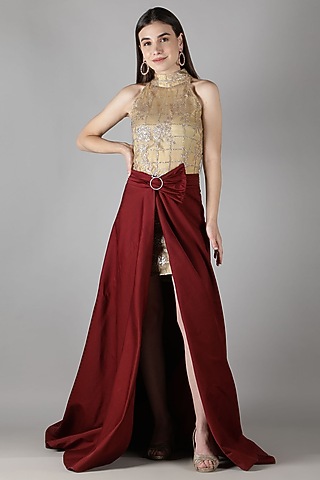 Golden & Wine Satin Draped Dress by Shaberry