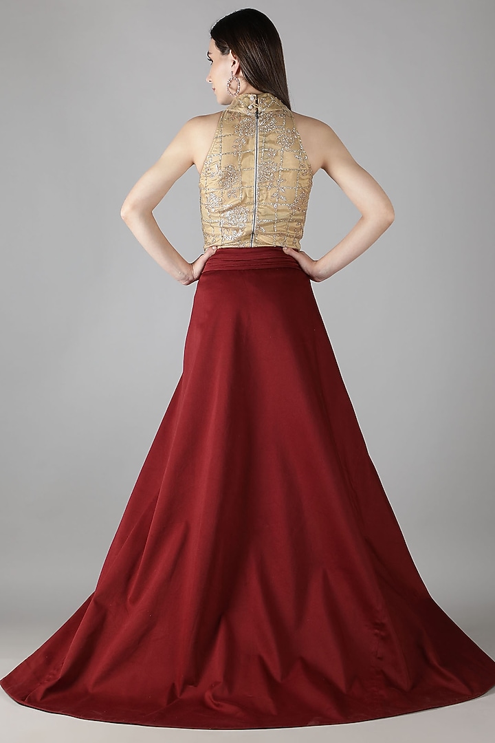 Golden & Wine Satin Draped Vacation Dress by Shaberry at Pernia's Pop Up Shop