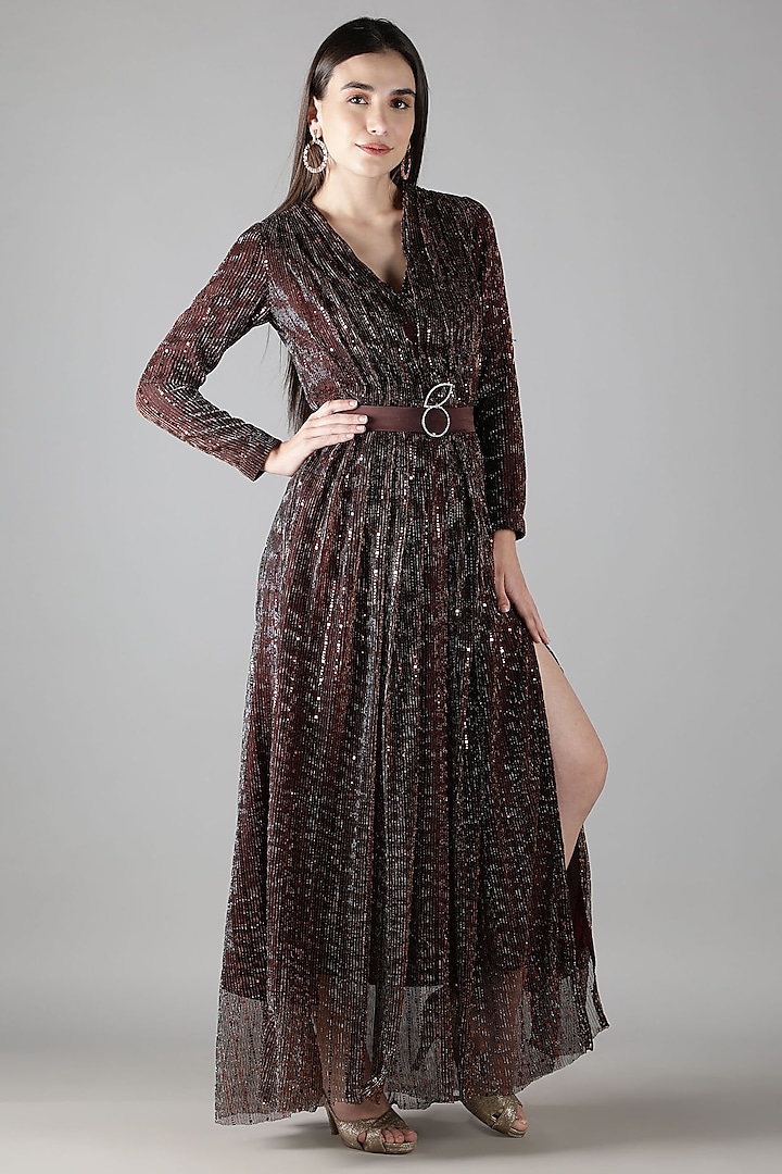 Wine Pleated Fabric Foil Printed Dress by Shaberry