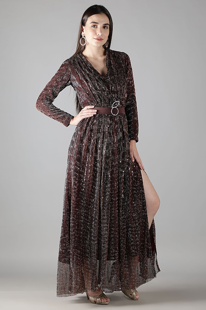 Wine Pleated Fabric Foil Printed Dress by Shaberry at Pernia's Pop Up Shop