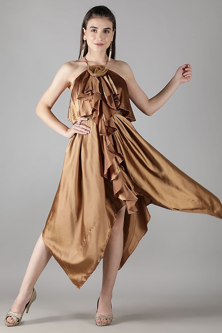Golden Satin Floral Dress by Shaberry