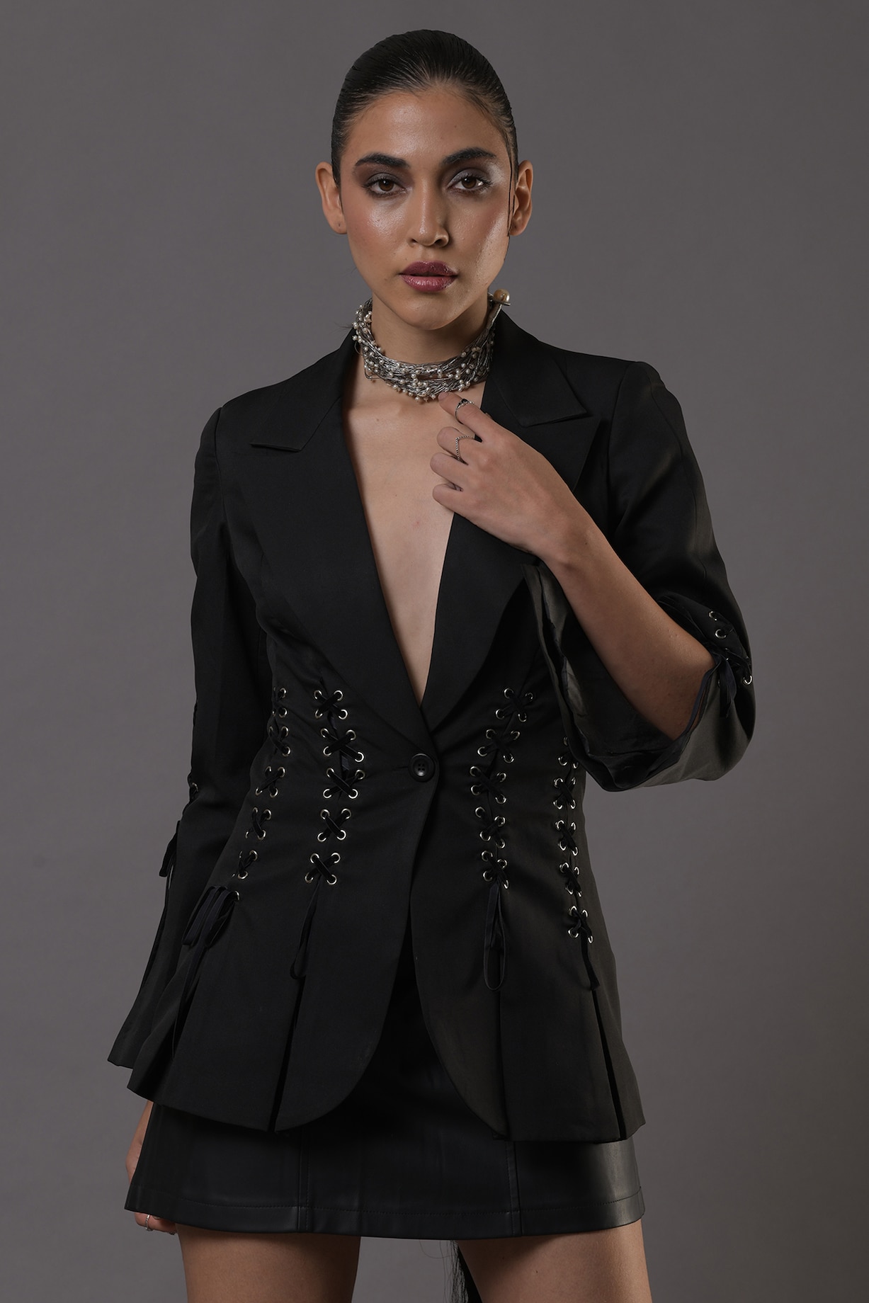 Black Faux Leather Corset Blazer by Shaberry at Pernia's Pop Up Shop