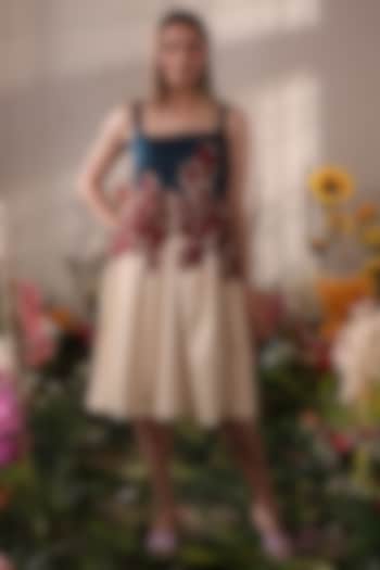 Beige Cotton Satin Lycra A-Line Floral Knee-Length Dress by Shaberry