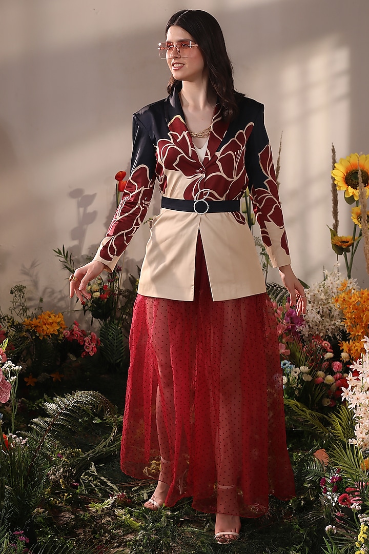 Beige Cotton Satin Floral Printed Blazer Set by Shaberry