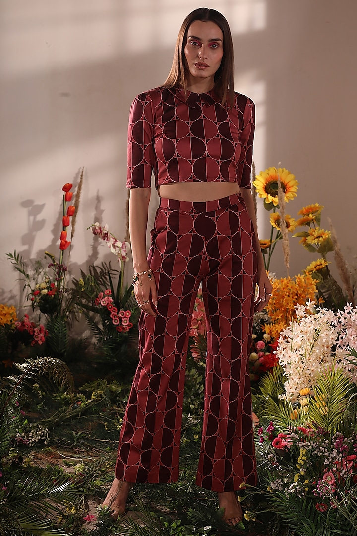 Mauve & Wine Cotton Satin Printed Co-Ord Set by Shaberry