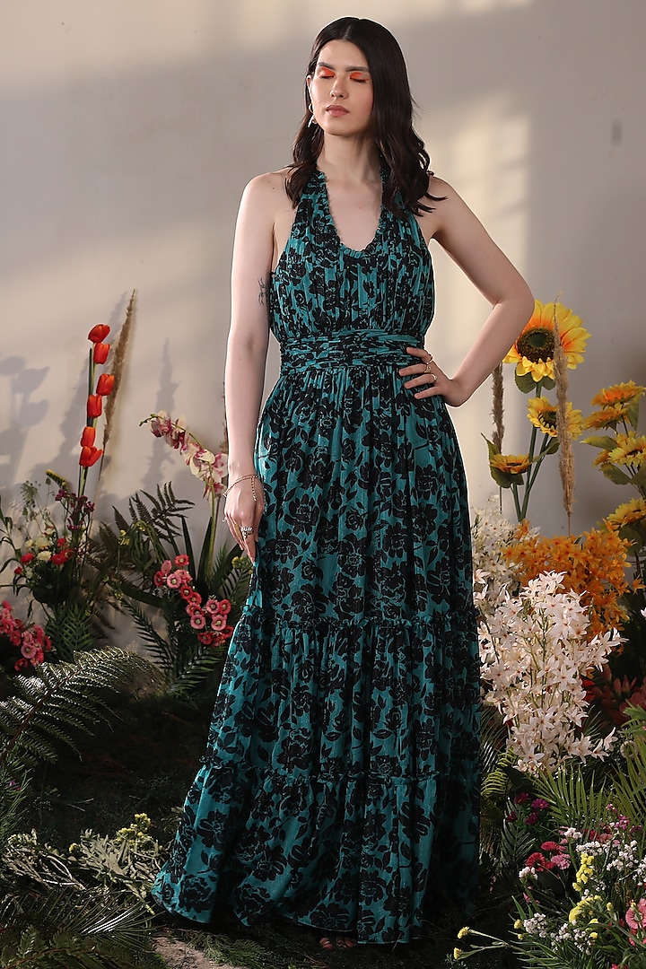 Teal Green Viscose Lurex Chiffon Floral Printed Flared Maxi Dress by Shaberry