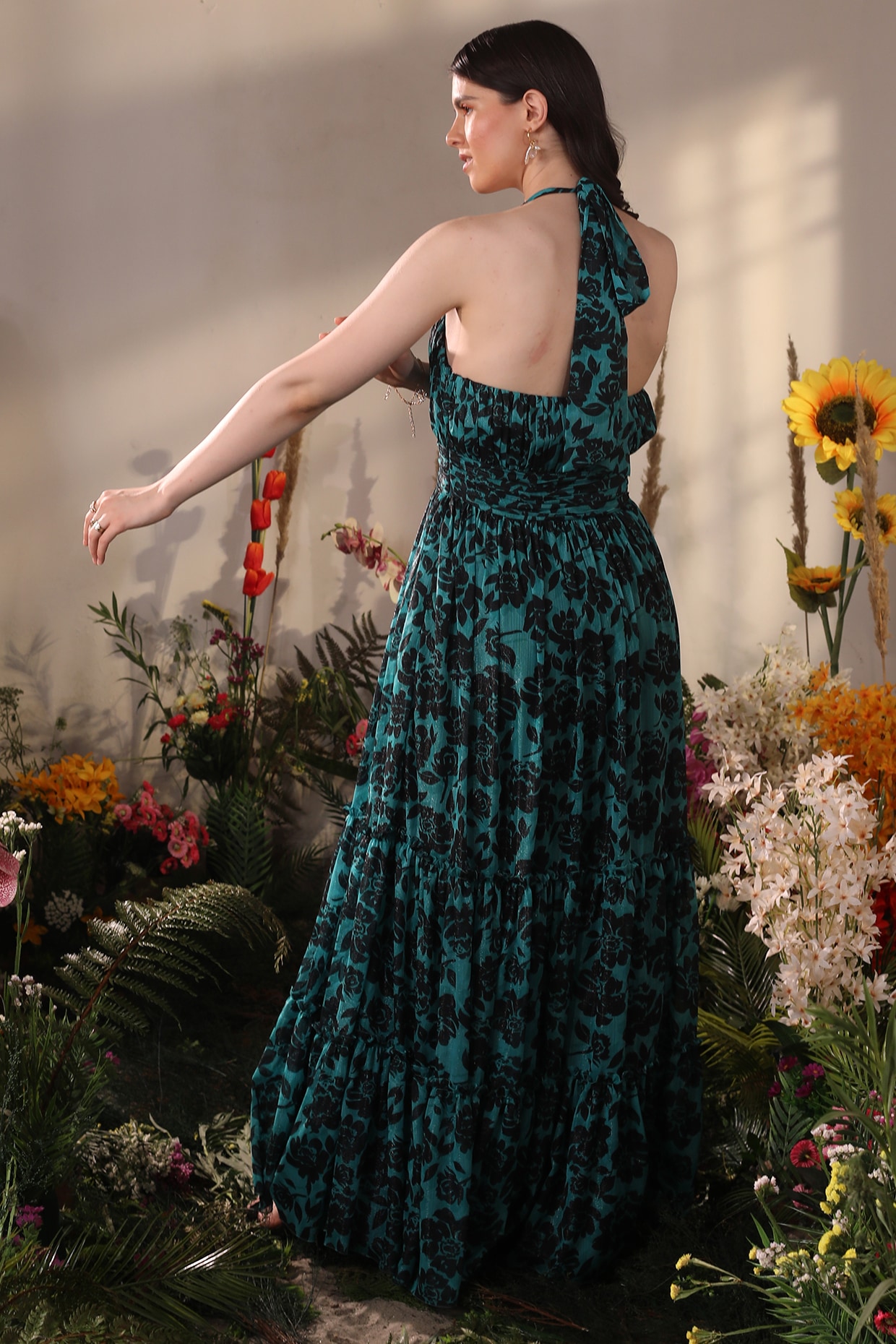 Teal Green Viscose Lurex Chiffon Floral Printed Flared Maxi Dress by  Shaberry at Pernia's Pop Up Shop 2024