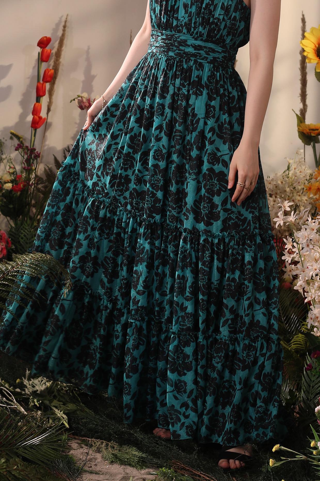 Teal Green Viscose Lurex Chiffon Floral Printed Flared Maxi Dress by  Shaberry at Pernia's Pop Up Shop 2024