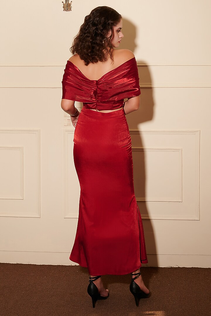 Red Velvet Satin Pencil Skirt Set by Shaberry at Pernia's Pop Up Shop