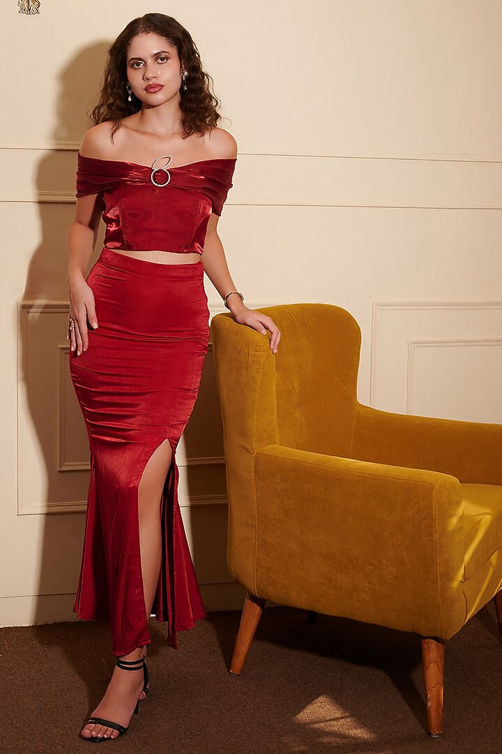 Red Velvet Satin Pencil Skirt Set by Shaberry at Pernia's Pop Up Shop
