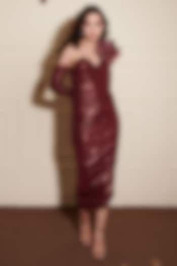 Red Metallic Lycra Ruffled Dress by Shaberry