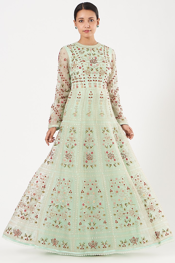 Mint Green Embroidered Gown by Shasha Gaba