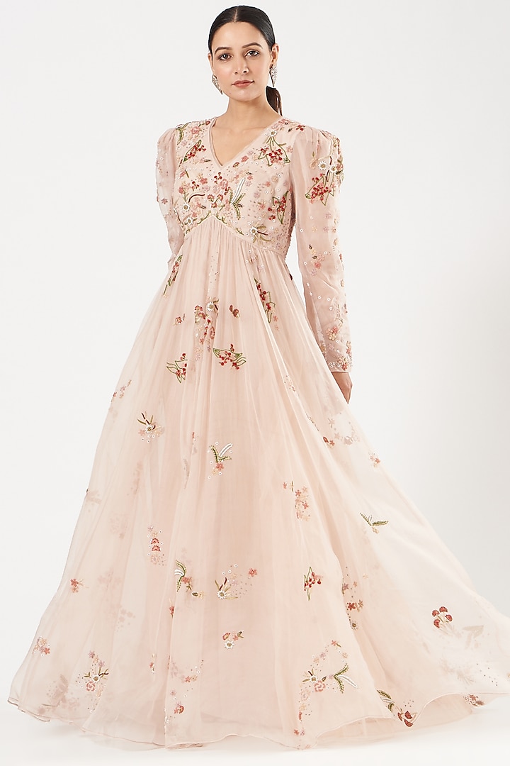 Rose Organza Embroidered Gown by Shasha Gaba