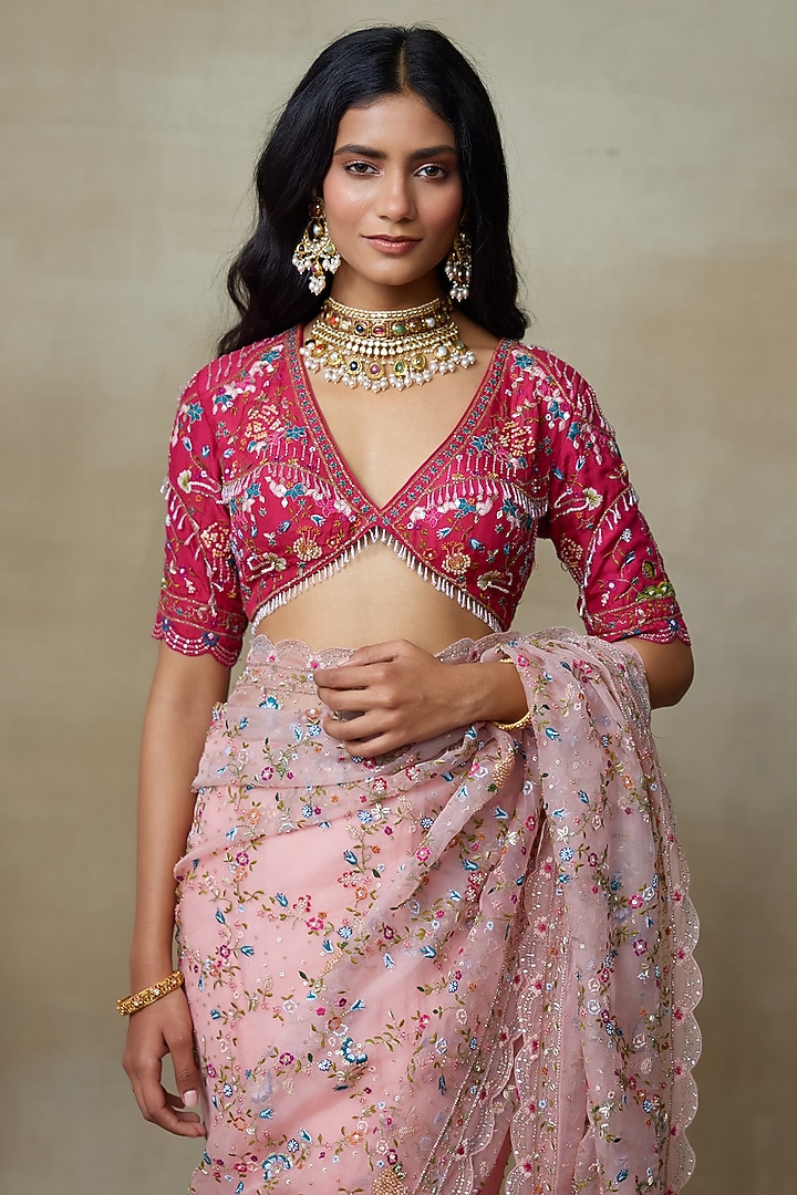 Flamingo Pink Silk Organza Resham & Thread Embellished Reception Saree Set by Shasha Gaba at Pernia's Pop Up Shop
