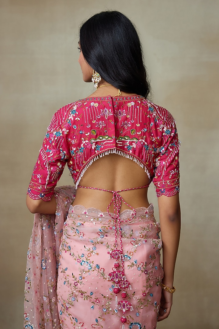 Flamingo Pink Silk Organza Resham & Thread Embellished Reception Saree Set by Shasha Gaba at Pernia's Pop Up Shop