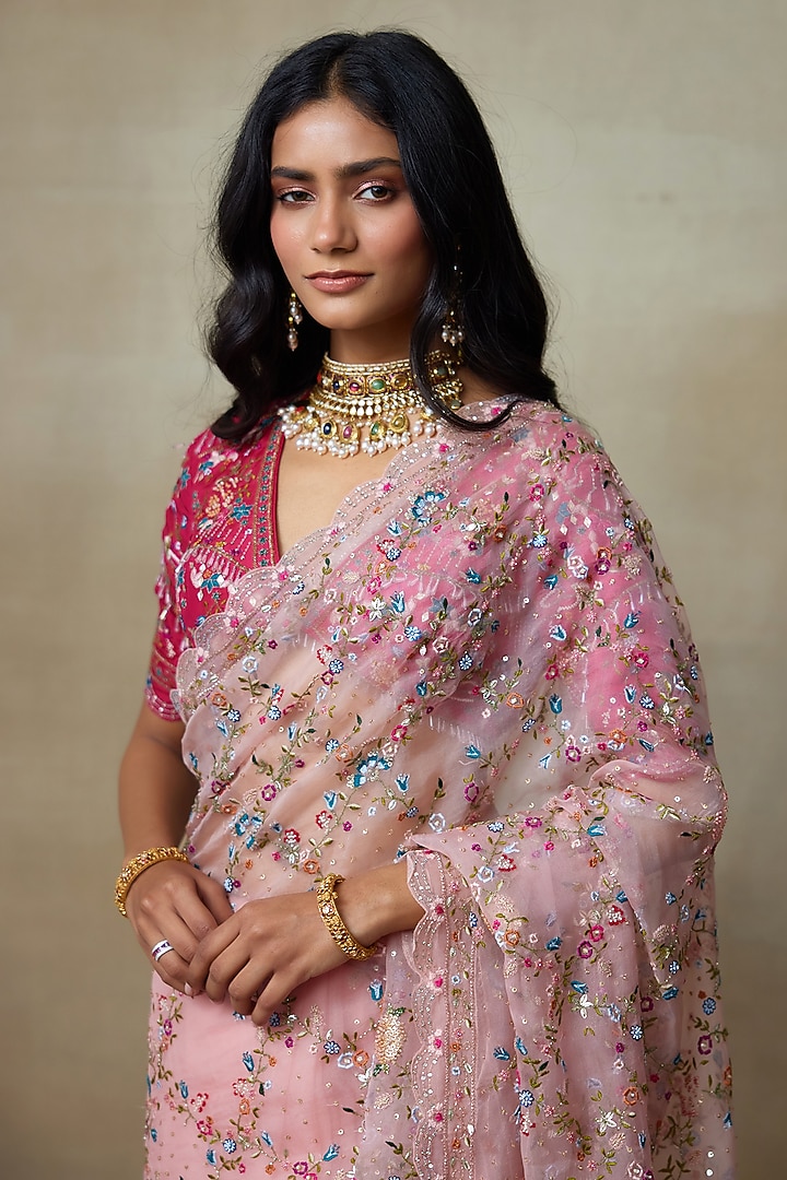 Flamingo Pink Silk Organza Resham & Thread Embellished Reception Saree Set by Shasha Gaba at Pernia's Pop Up Shop