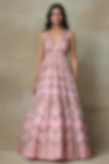 Flamingo Pink Silk Organza Resham Hand Embroidered Bridal Gown by Shasha Gaba at Pernia's Pop Up Shop