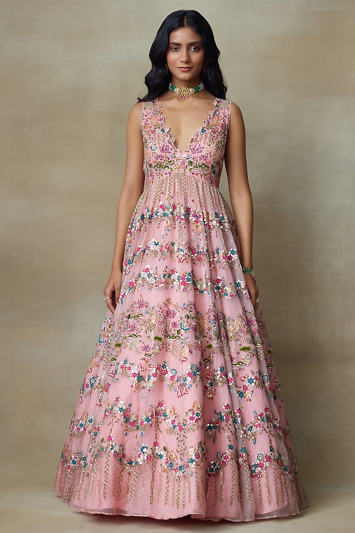 Flamingo Pink Silk Organza Resham Hand Embroidered Bridal Gown by Shasha Gaba at Pernia's Pop Up Shop