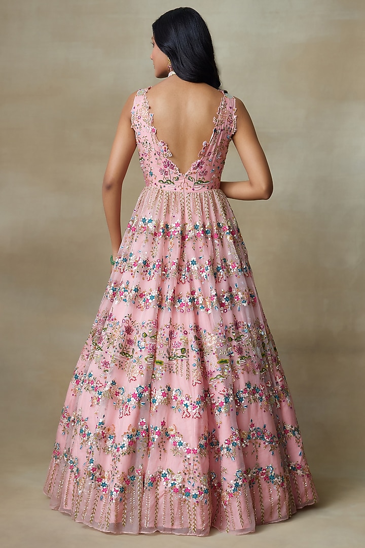 Flamingo Pink Silk Organza Resham Hand Embroidered Bridal Gown by Shasha Gaba at Pernia's Pop Up Shop