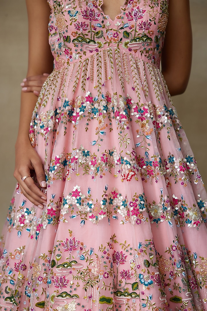 Flamingo Pink Silk Organza Resham Hand Embroidered Bridal Gown by Shasha Gaba at Pernia's Pop Up Shop
