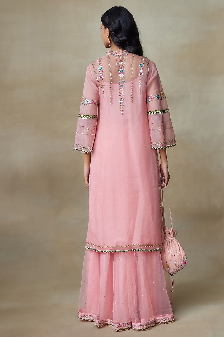 Flamingo Pink Silk Organza Sequins Embroidered Kurta Set by Shasha Gaba at Pernia's Pop Up Shop