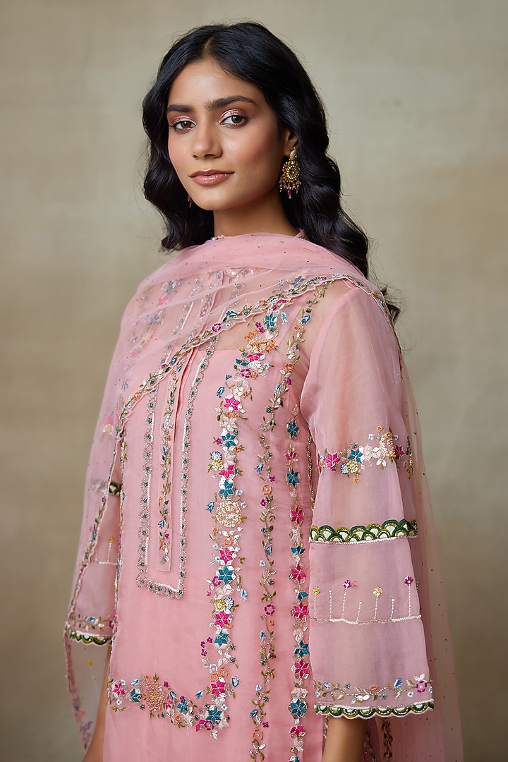 Flamingo Pink Silk Organza Sequins Embroidered Kurta Set by Shasha Gaba at Pernia's Pop Up Shop