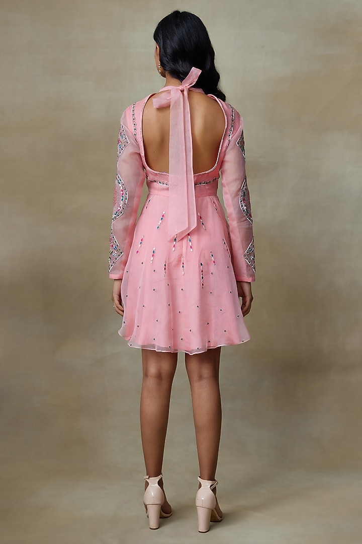 Flamingo Pink Silk Organza Sequins Hand Embellished Mini Cocktail Dress by Shasha Gaba at Pernia's Pop Up Shop