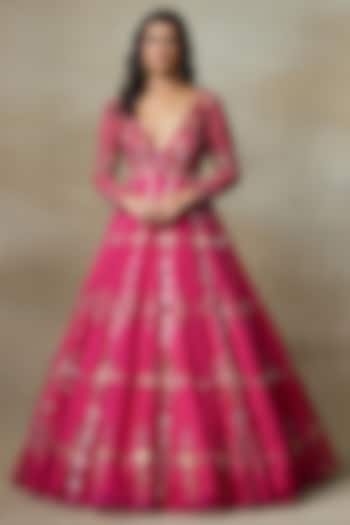 Pink Silk Organza Resham Hand Embroidered Bridal Gown by Shasha Gaba at Pernia's Pop Up Shop
